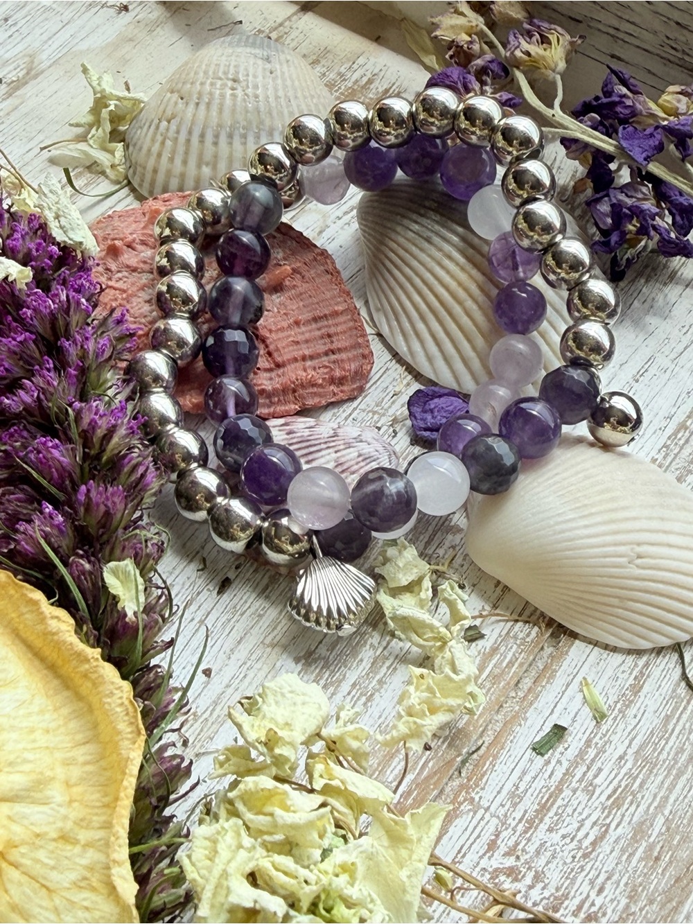 Purple & silver Beaded Oyster Charm Bracelet set